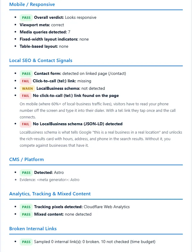 Preview of a sample Aegis Web Design audit report